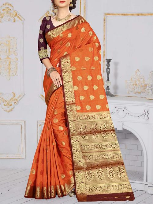 orange banarasi silk saree with blouse - 15188372 - Very Small Image - 1