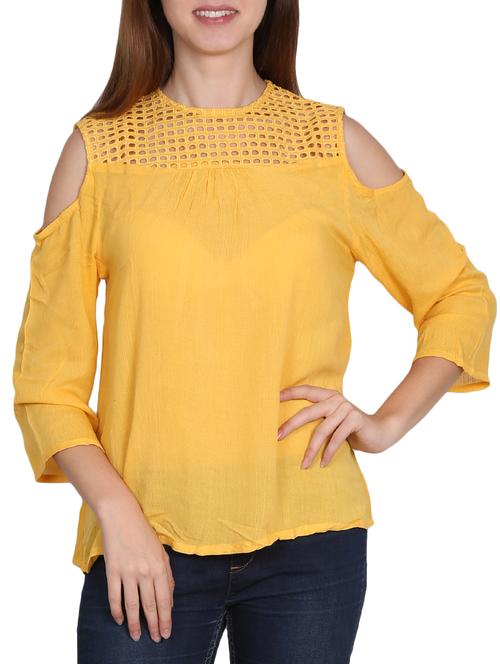 yellow solid rayon cold shoulder top - 15188701 - Very Small Image - 1