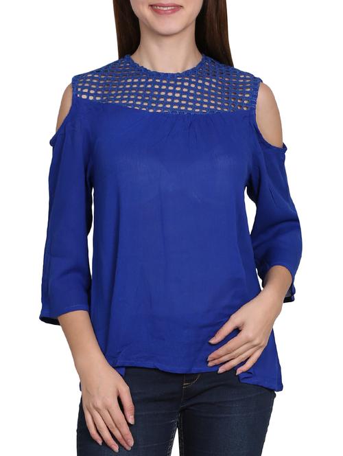 blue solid rayon cold shoulder top - 15188703 - Very Small Image - 1