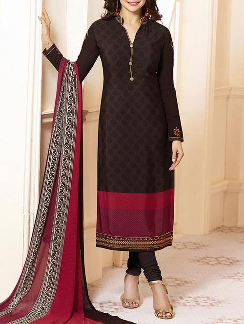 brown embroidered unstitched churidaar suit - 15190225 - Very Small Image - 1