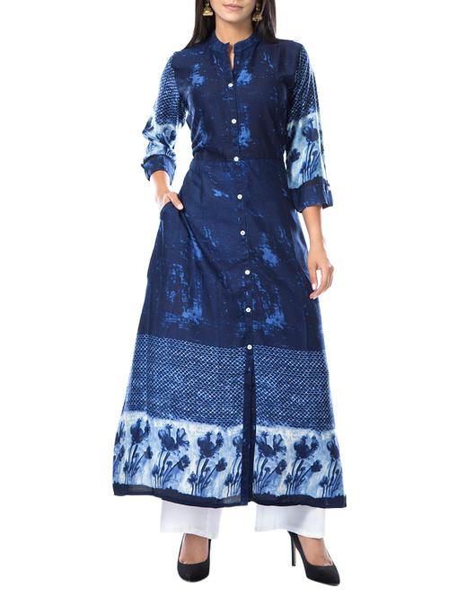 blue cotton aline kurta - 15190910 - Very Small Image - 1
