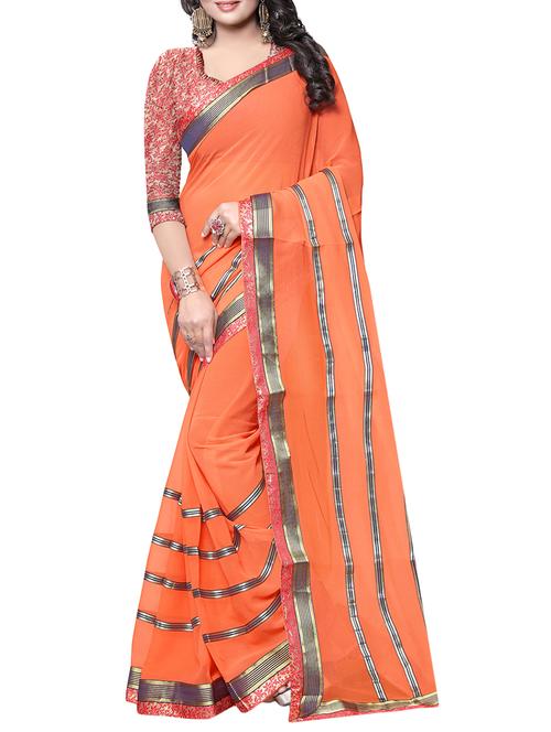 orange chiffon printed saree with blouse - 15190924 - Very Small Image - 1