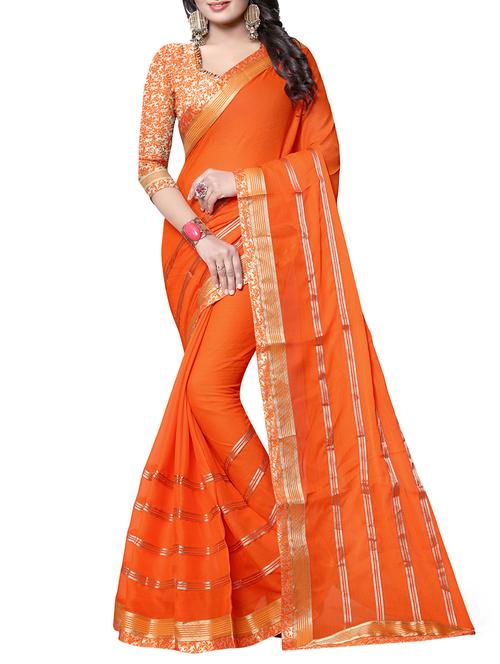orange chiffon printed saree with blouse - 15190926 - Very Small Image - 1
