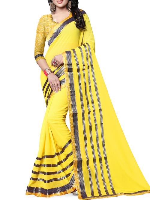 yellow chiffon printed saree with blouse - 15190927 - Very Small Image - 1