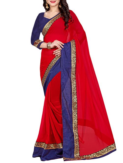 red chiffon bordered saree with blouse - 15190931 - Very Small Image - 1