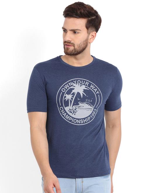 navy blue cotton blend chest print t-shirt - 15192959 - Very Small Image - 1