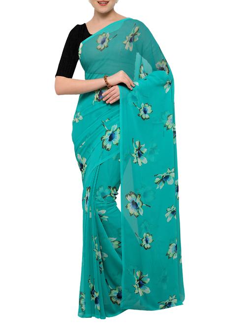 turquoise georgette printed saree with blouse - 15194212 - Very Small Image - 1