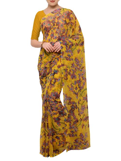 mustard georgette printed saree with blouse - 15194213 - Very Small Image - 1