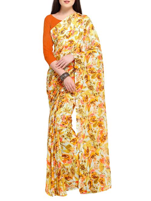 yellow georgette printed saree with blouse - 15194217 - Very Small Image - 1