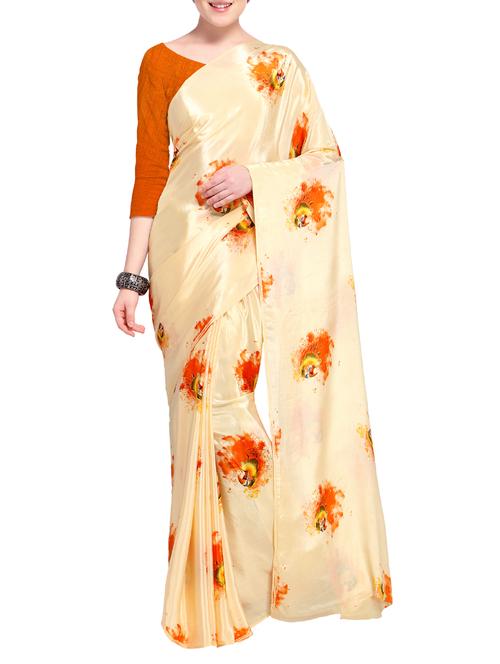 cream crepe printed saree with blouse - 15194229 - Very Small Image - 1