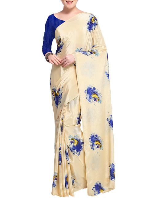 cream crepe printed saree with blouse - 15194230 - Very Small Image - 1
