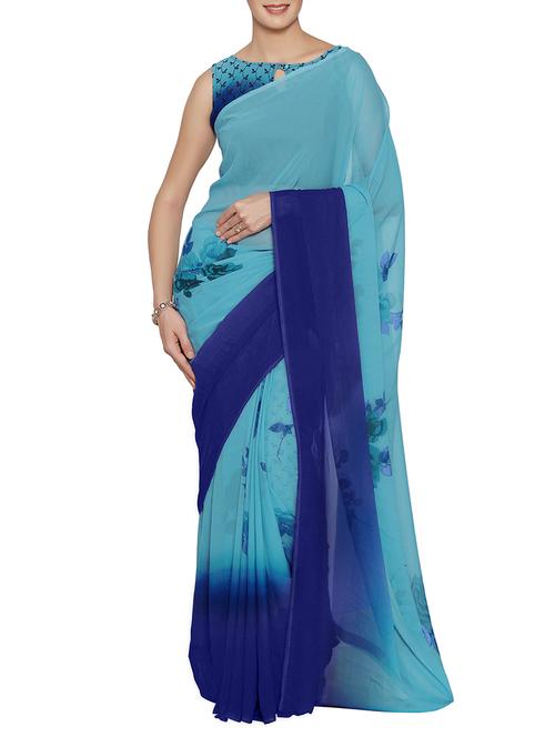 turquoise georgette printed saree with blouse - 15195479 - Very Small Image - 1