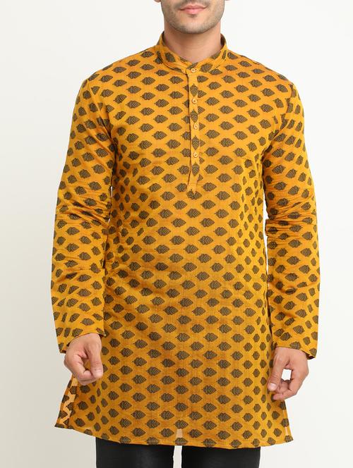 yellow jacquard medium length kurta - 15196875 - Very Small Image - 1