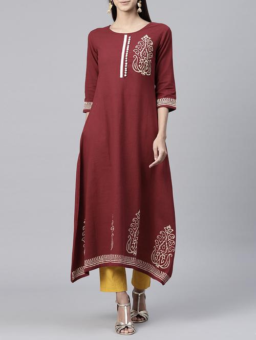 block print placket detaling a-line kurta - 15197837 - Very Small Image - 1