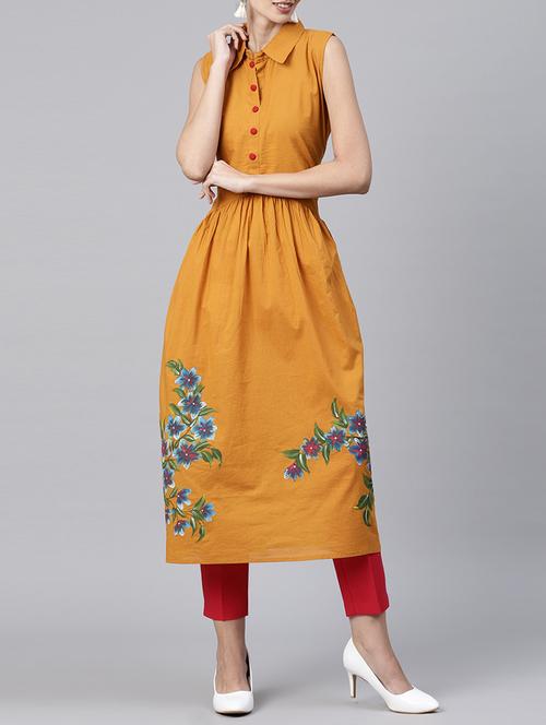mustard printed flared kurta - 15197865 - Very Small Image - 1