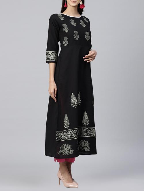 black cotton straight kurta - 15197870 - Very Small Image - 1