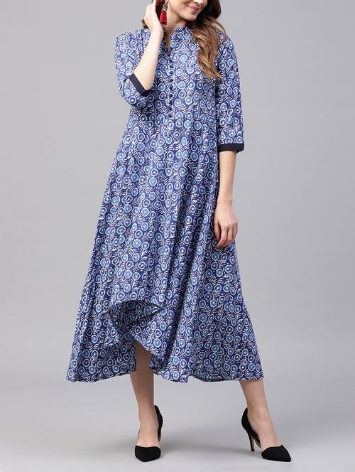 blue cotton printed a-line dress - 15197875 - Very Small Image - 1