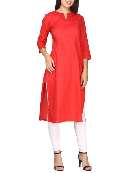 red cotton straight solid kurta - 15198410 - Very Small Image - 1
