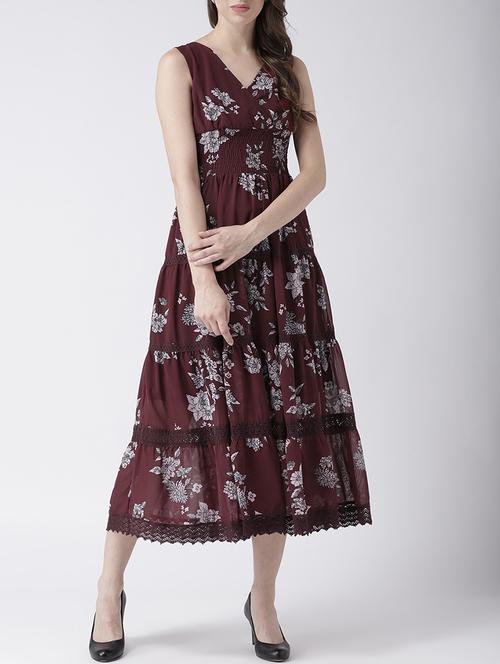 maroon floral tiered a-line dress - 15198601 - Very Small Image - 1
