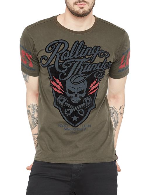 olive green cotton front print t-shirt - 15199102 - Very Small Image - 1