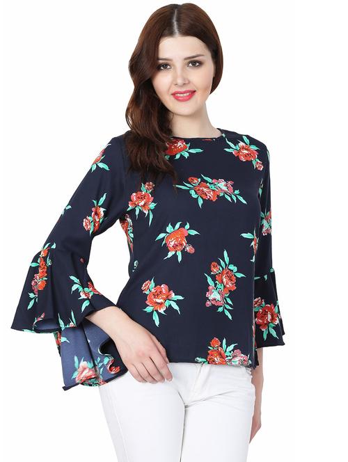 navy blue crepe floral top - 15199996 - Very Small Image - 1