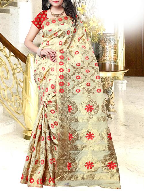 cream banarasi silk saree with blouse - 15200438 - Very Small Image - 1