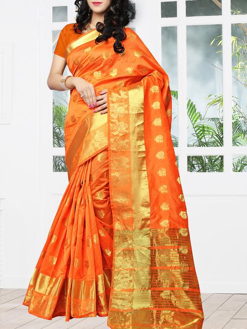 orange cotton silk banarasi saree with blouse - 15200472 - Very Small Image - 1