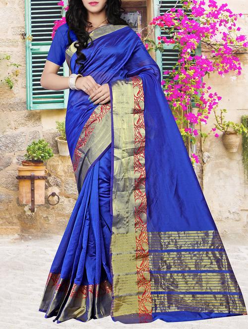 blue cotton silk bordered saree with blouse - 15200499 - Very Small Image - 1