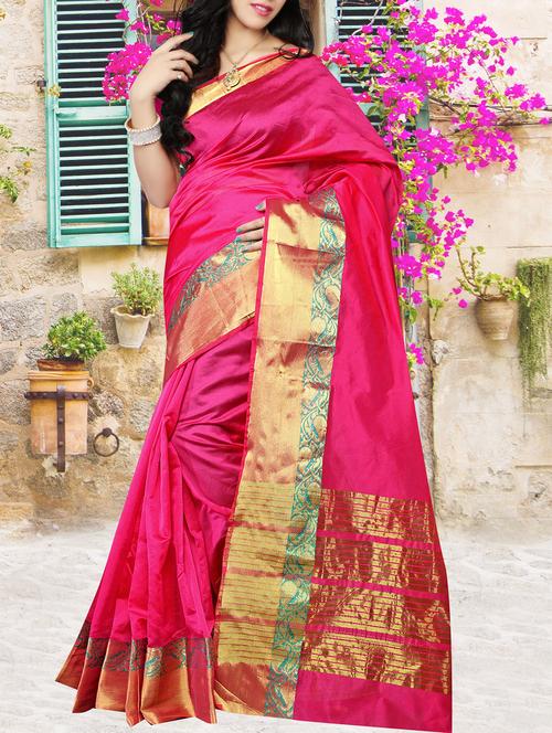 magenta cotton silk bordered saree with blouse - 15200503 - Very Small Image - 1
