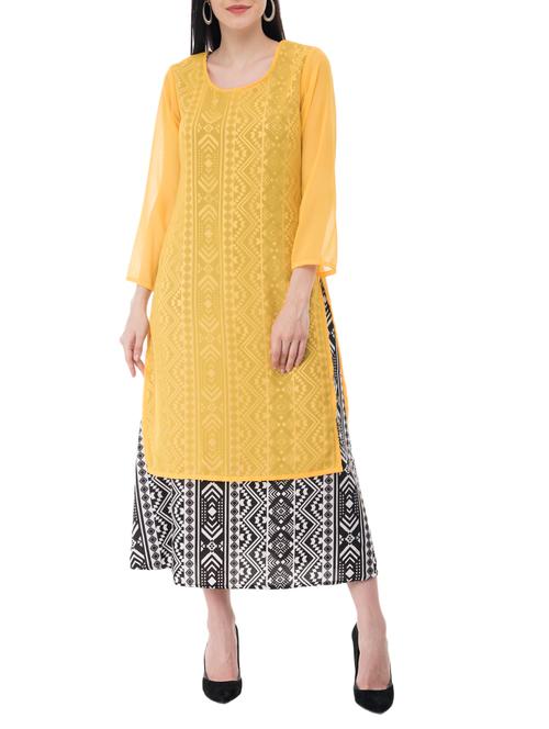 yellow georgette layered kurta - 15200804 - Very Small Image - 1