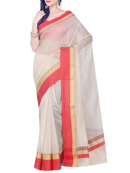 beige cotton blend bordered saree - 15200909 - Very Small Image - 1