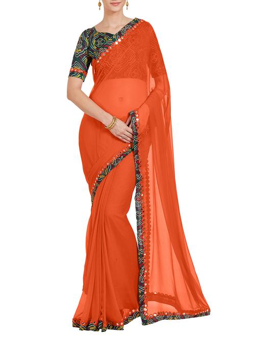 orange chiffon bordered saree with blouse - 15201061 - Very Small Image - 1