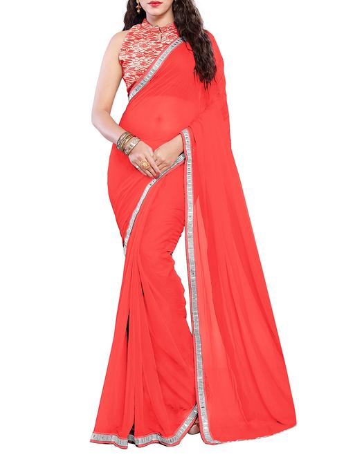 red chiffon bordered saree with blouse - 15201063 - Very Small Image - 1