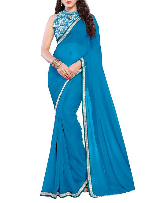 turquoise chiffon bordered saree with blouse - 15201064 - Very Small Image - 1