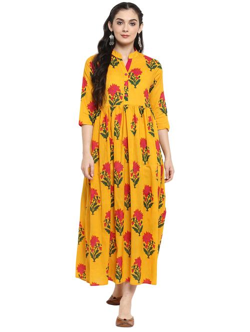 yellow cotton flared kurta - 15201919 - Very Small Image - 1