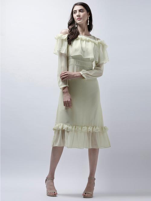 yellow solid cold shoulder ruffle dress - 15202525 - Very Small Image - 1
