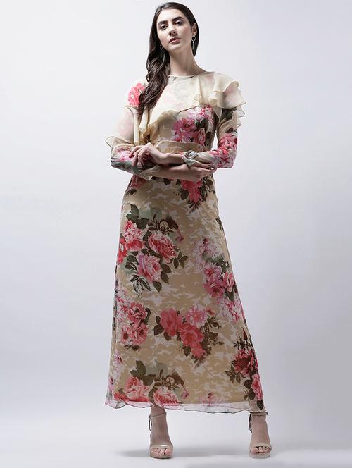 beige floral ruffle maxi dress - 15202531 - Very Small Image - 1
