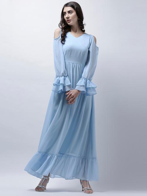 blue solid cold shoulder maxi dress - 15202551 - Very Small Image - 1