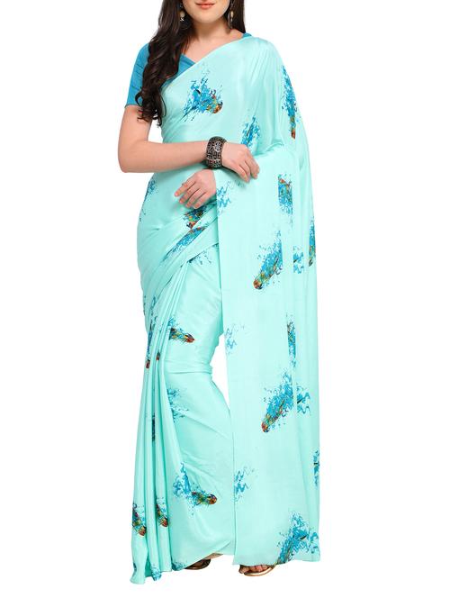 turquoise georgette printed saree with blouse - 15203381 - Very Small Image - 1