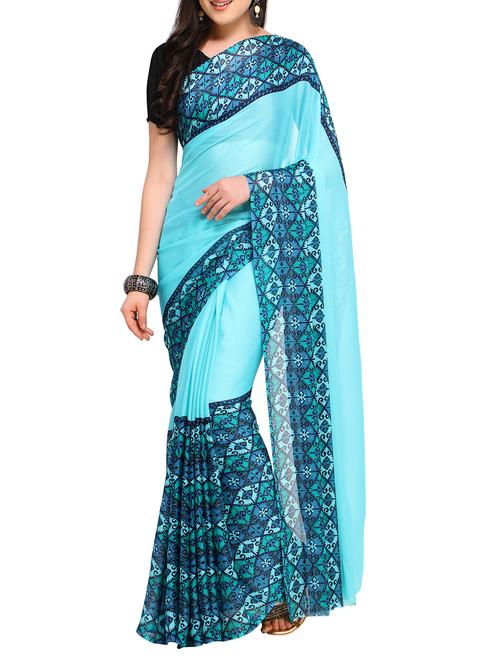 turquoise crepe printed saree with blouse - 15203382 - Very Small Image - 1