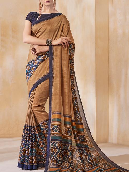 brown cotton blend printed saree with blouse - 15204788 - Very Small Image - 1