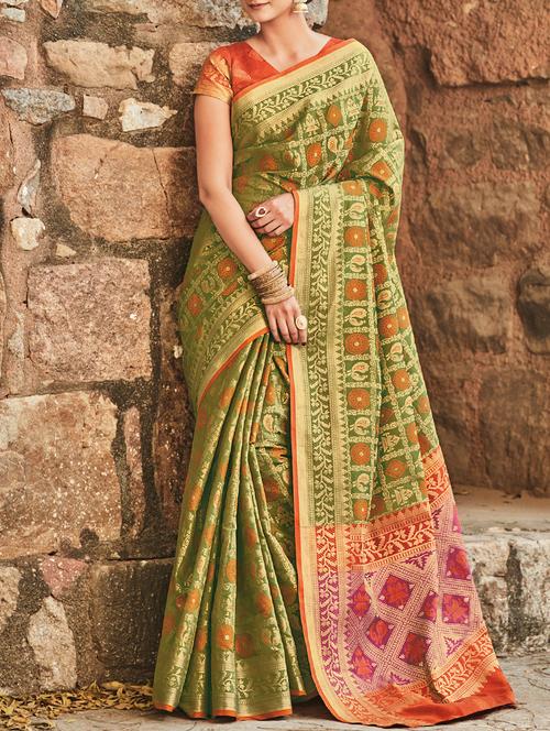 mehandi jacquard patola saree with blouse - 15204800 - Very Small Image - 1