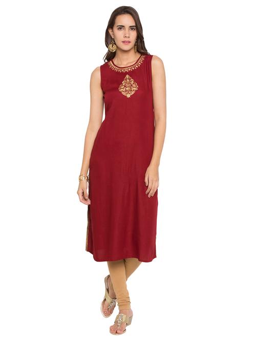 maroon viscose straight solid kurta - 15205488 - Very Small Image - 1