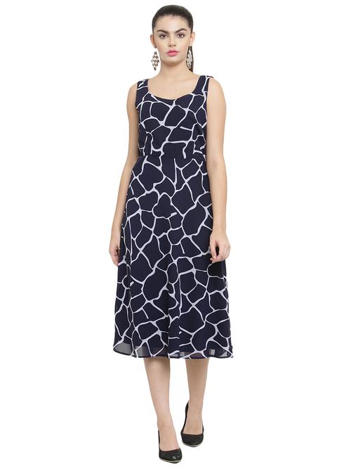 navy blue printed a-line dress - 15206969 - Very Small Image - 1