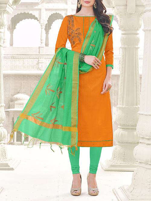 orange embroidered unstitched churidaar suit - 15208099 - Very Small Image - 1