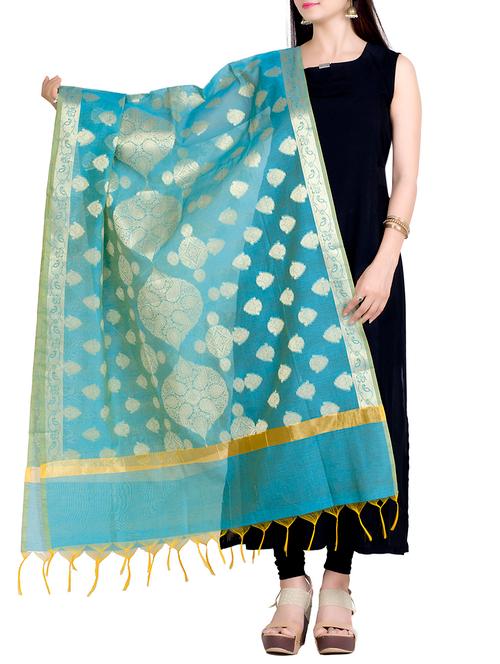 turquoise chanderi dupatta - 15208759 - Very Small Image - 1