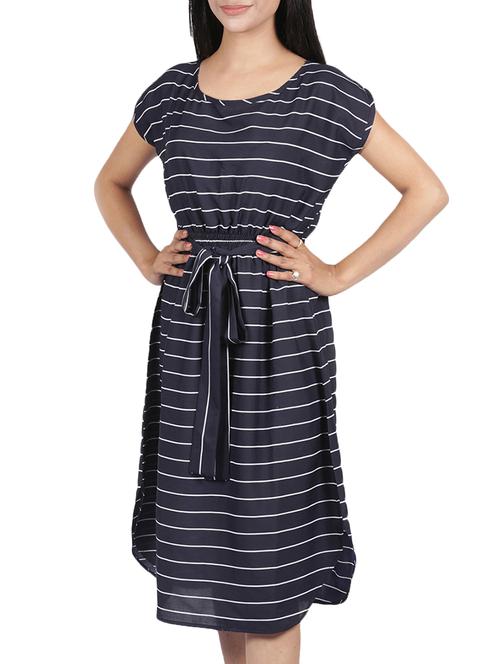 navy blue crepe striped belted dress - 15209124 - Very Small Image - 1
