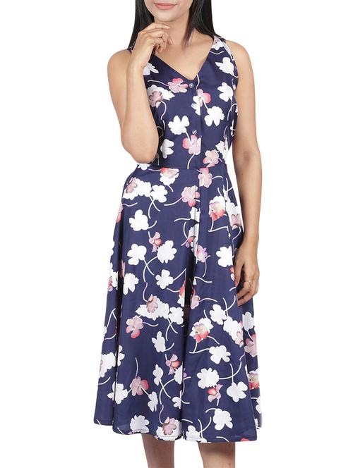navy blue floral crepe a-line dress - 15209133 - Very Small Image - 1