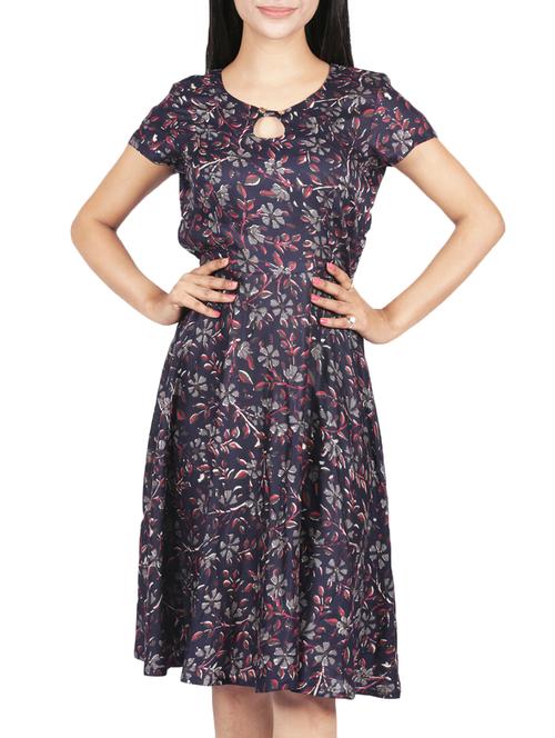dark blue crepe printed a-line dress - 15209135 - Very Small Image - 1