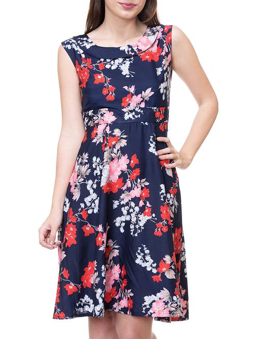 navy blue floral rayon belted dress - 15212806 - Very Small Image - 1